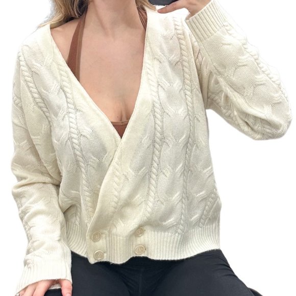 SWTR Cable Knit Cardigan Sweater in Cream Ivory Wool Cashmere Women's Size XL - Picture 1 of 16